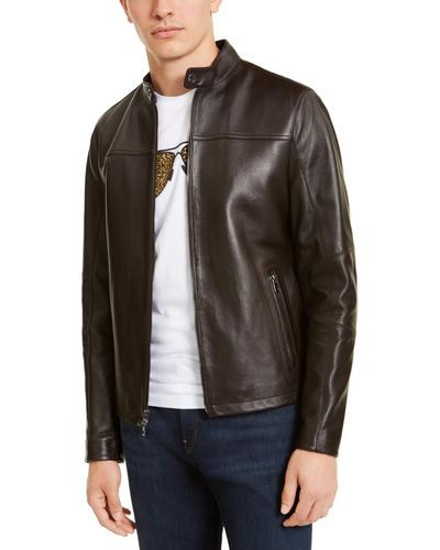 Michael Kors Men's Leather Racer Jacket - Brown
