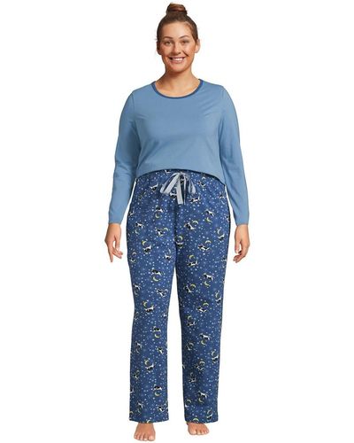Lands' End Plus Size Knit Pajama Set Long Sleeve T-shirt And Pants - Blue