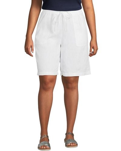 Lands' End Plus Size High Rise Pull On Elastic Waist 10" Linen Bermuda Shorts - White