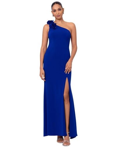 Xscape Embellished One-shoulder Scuba Gown - Blue