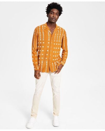 INC International Concepts Abstract Geometric Long-sleeve Button-up Camp Shirt, Created For Macy's - Orange