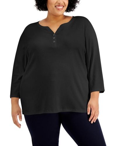 Karen Scott Plus Size 3/4-sleeve Henley Top - Black