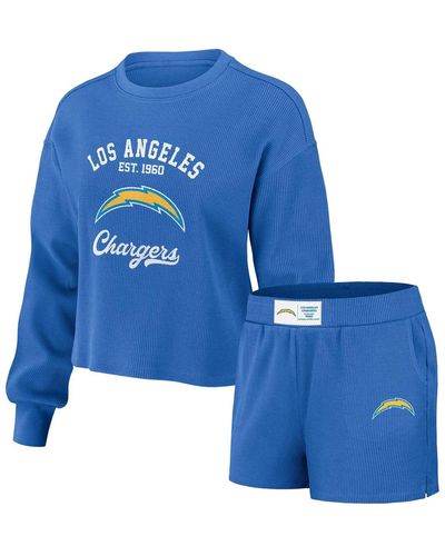 WEAR by Erin Andrews Distressed Los Angeles Chargers Waffle Knit Long Sleeve T-shirt And Shorts Lounge Set - Blue