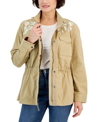 Style & Co. Floral-embroidered Twill Jacket - Natural