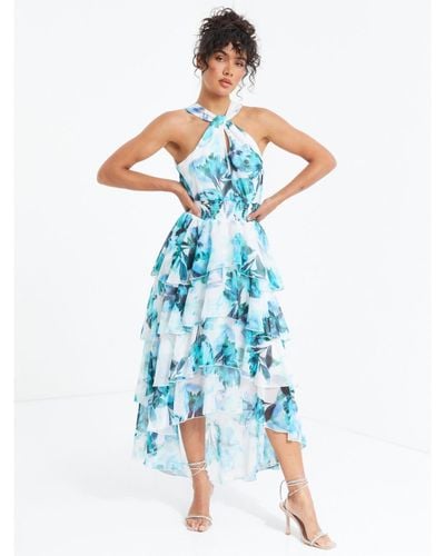 Quiz Floral Chiffon Halter Neck Keyhole Tiered Dress - Blue