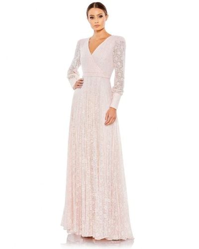 Mac Duggal Beaded Lace Long Sleeve Wrap Over Gown - Pink