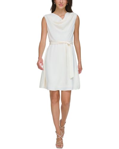 DKNY Drapey Cowlneck Sleeveless Belted Dress - White