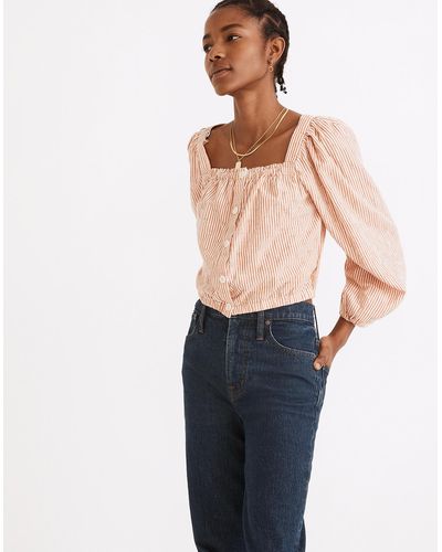 MW Puff-sleeve Button-front Crop Top In Embroidered Stripe - Pink