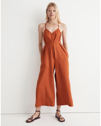 MW 100% Linen Tie-waist Wide-leg Jumpsuit - Orange