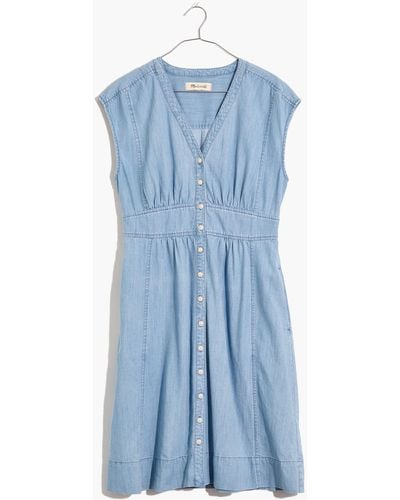 MW Petite Denim Cap-sleeve Button-front Dress - Blue