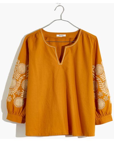 MW Embroidered-sleeve Popover Top - Orange