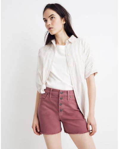 MW High-rise Denim Shorts: Garment-dyed Button-front Edition - Red