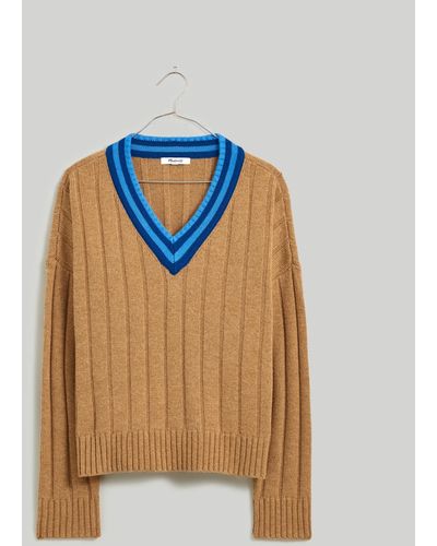 MW Tipped V-neck Oversized Sweater - Blue