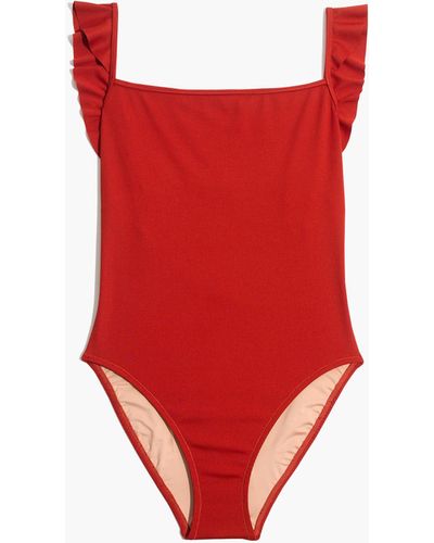 MW Madewell Second Wave Ribbed Ruffle-strap One-piece Swimsuit - Red