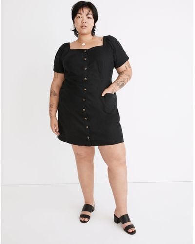 MW Plus Linen-cotton Puff-sleeve Mini Dress - Black