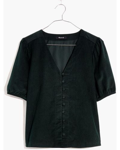 MW Corduroy Puff-sleeve Button-front Top - Black