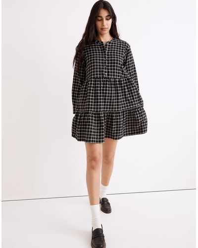 MW Flannel Button-placket Tiered Mini Dress - Black
