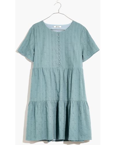 MW Embroidered Eyelet Button-front Tiered Mini Dress - Blue