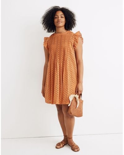 MW Eyelet Ruffle-sleeve Pintuck Mini Dress - Orange