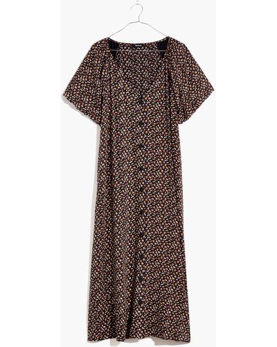 MW Bubble-sleeve Button-front Midi Dress - Brown