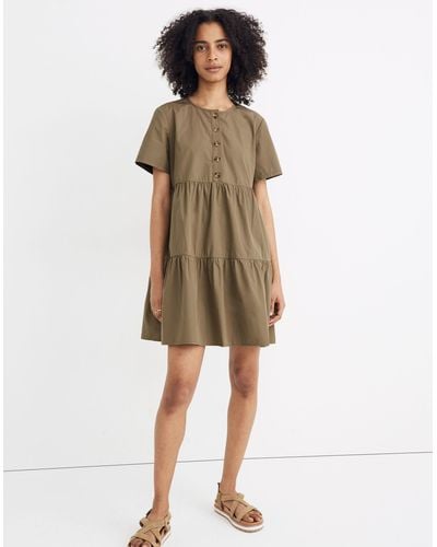 MW Button-front Short-sleeve Tiered Mini Dress - Natural