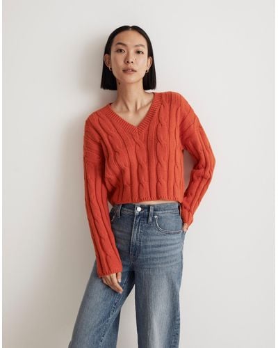 MW Cable-knit V-neck Crop Sweater - Red