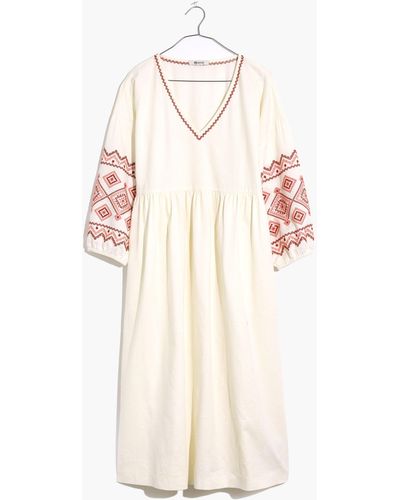 MW Plus Embroidered-sleeve Popover Midi Dress - White