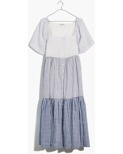 MW Plus Patchwork Gingham Button-front Tiered Midi Dress - White