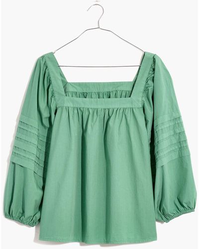 MW Square-neck Pleat-sleeve Top - Green