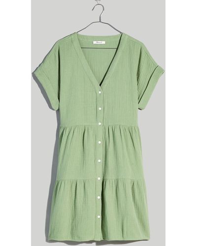 MW Lightspun Cuff-sleeve Button-front Tiered Mini Dress - Green