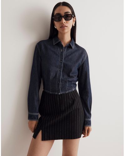 MW Denim Pleated Cropped Button-up Shirt - Blue