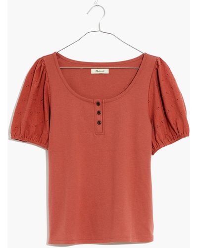 MW Eyelet-sleeve Henley Top - Red