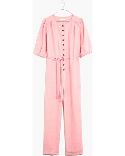 MW Linen-blend Puff-sleeve Tassel-tie Jumpsuit - Pink