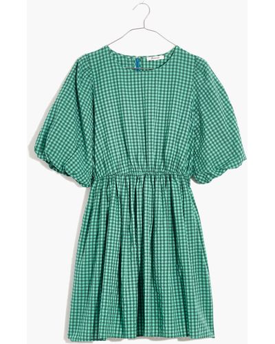 MW Gingham Crewneck Bubble-sleeve Mini Dress - Green