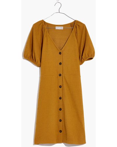 MW Texture & Thread Puff-sleeve Dress - Orange