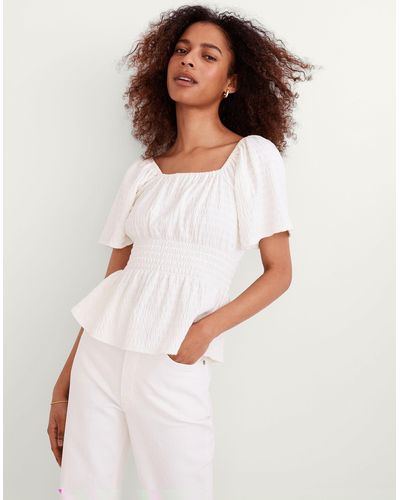 MW Crinkle-knit Square-neck Smocked Top - White