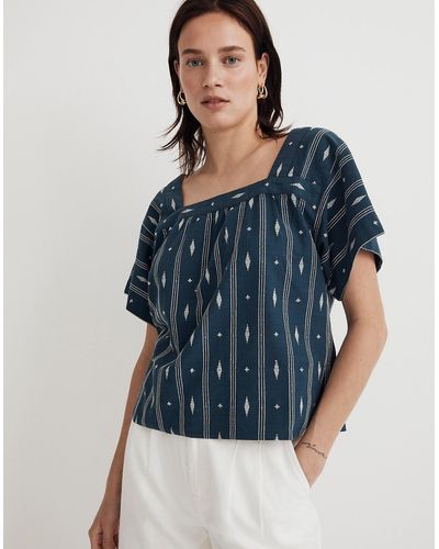 MW Square-neck Short-sleeve Top In Jacquard - Blue