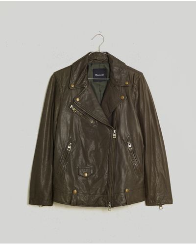 MW Washed Leather Oversized Motorcycle Jacket: Brass Hardware Edition - Green