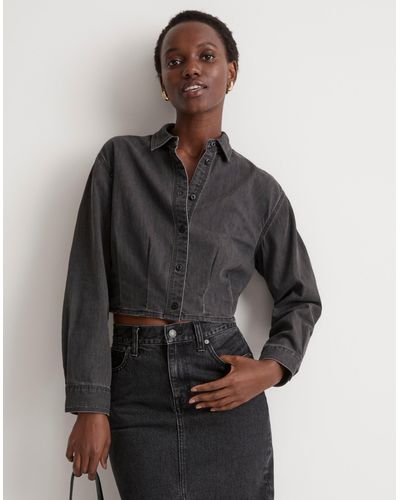 MW Denim Pleated Cropped Button-up Shirt - Grey
