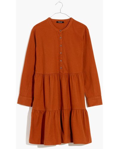 MW Flannel Button-placket Tiered Mini Dress - Orange