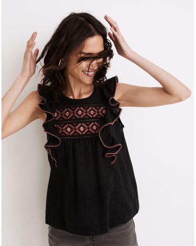MW Embroidered Ruffle-shoulder Tank Top - Black