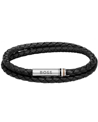 BOSS BUSINESS Boss Ares Braided Leather Bracelet - Black