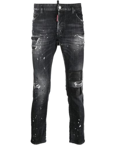 DSquared² Black Ripped Leather Wash Slim Jeans