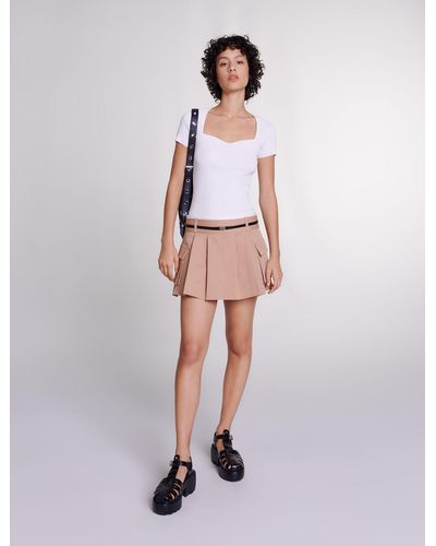 Maje Woman's Cotton Removable Belt: Short Pleated Skirt For Spring/summer, Size Medium, In Color Beige / Beige - White