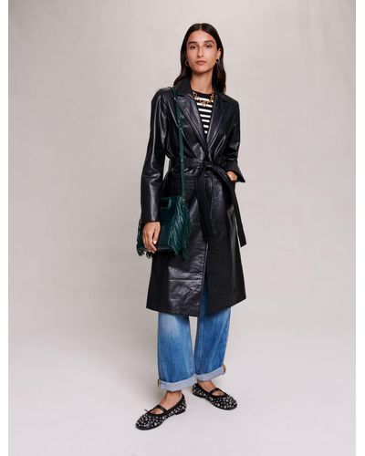 Maje Woman's Buffalo Lining: Black Leather Trench For Fall/winter, Size Small, In Color Black / Black