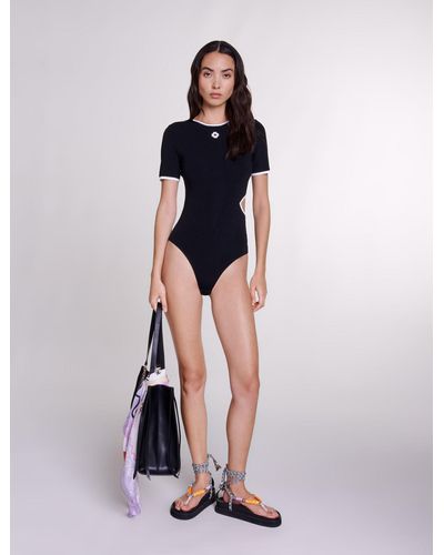 Maje Woman's Viscose, Openwork Knit Bodysuit For Spring/summer, Size Woman-bodysuits & Swimwear-xs, In Color Black / Black - White