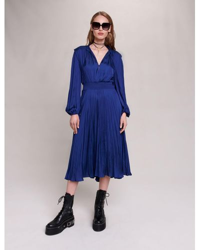 Maje Pleated And Satiny Midi Dress - Blue