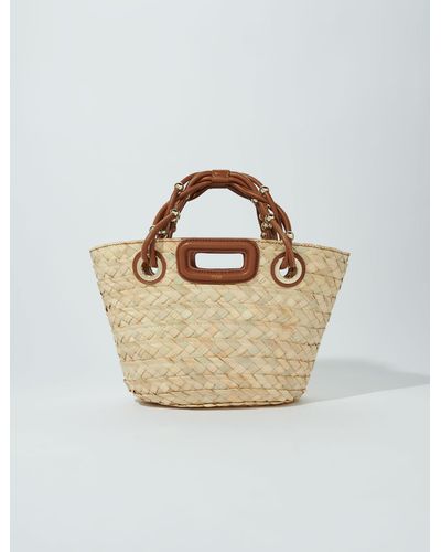 Maje Woman's Palm Leather: Mini Woven Basket Bag For Spring/summer, One Size, In Color Camel / Brown - Metallic