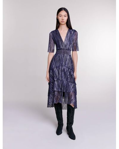 Maje Woman's Polyester, Full Lamé Dress With Ruffles For Fall/winter, Size Extra Small, In Color Navy / Blue - Natural