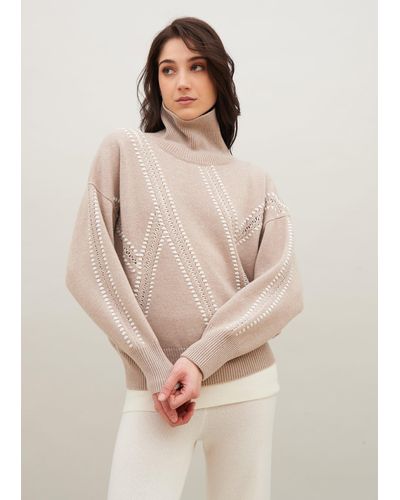Malo Cashmere Hand-Embroidered Turtleneck Sweater - Natural